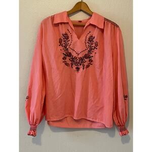 Womens Vintage  Pink Puff Shoulder Embroidered Long Sleeve Shirt Size 42 Large